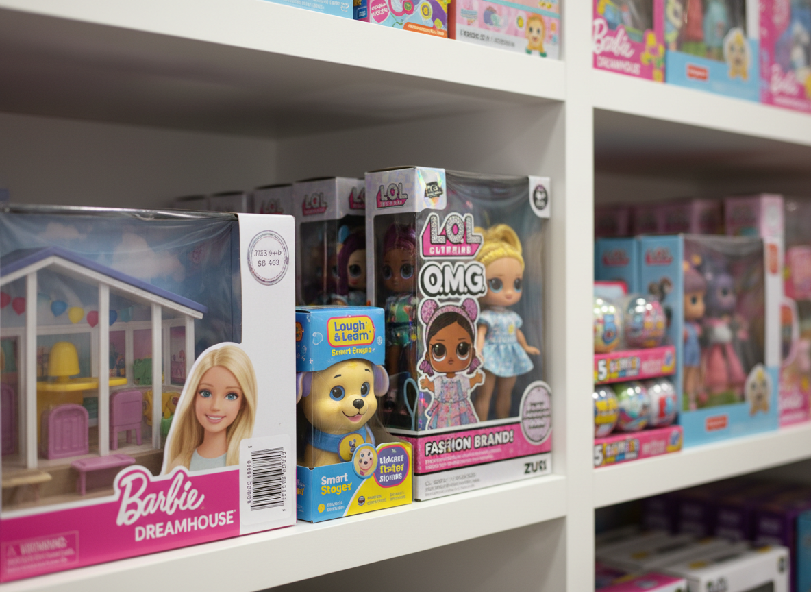 A close-up, photographic-realism shot of carefully arranged branded toy boxes on a clean white shelving unit in a wholesale showroom. Mattel dolls, Fisher Price educational toys, MGA Entertainment collectibles, and Zuru novelty items all stand upright, their vivid packaging aligned edge-to-edge, barcodes clearly visible on the sides. Neutral studio-style lighting from above and slightly to the left produces soft, even illumination with gentle shadows that accentuate box shapes and textures without glare. Shot at eye level with a shallow depth of field, the front row of products is pin-sharp while the background fades into a subtle blur. The mood is polished and commercial, emphasizing product variety, quality, and reliability for professional buyers.