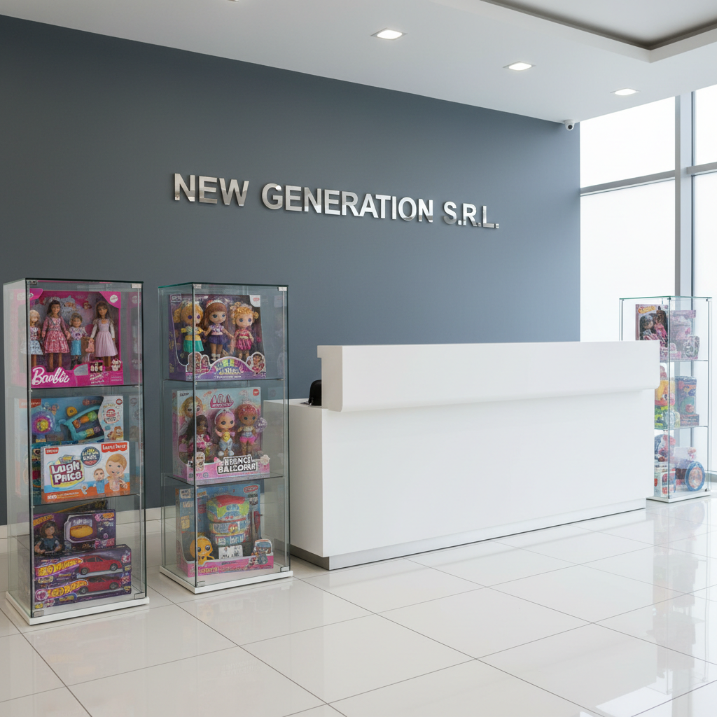A bright, modern wholesale toy showroom entrance desk, featuring a sleek white reception counter with the text “NEW GENERATION S.R.L.” in bold, metallic letters on a matte slate-grey wall behind it. To the side, glass display cubes present boxed products from Mattel, Fisher Price, MGA Entertainment, and Zuru, artfully arranged by category, all unopened and pristine. Daylight streams through large unseen windows, mixing with discreet recessed ceiling lights to create soft, balanced illumination and subtle reflections on the glossy floor tiles. Photographed from a slightly elevated frontal angle with a wide lens, the composition feels open, professional, and welcoming, conveying reliability and a high-standard B2B environment in clean, photographic realism.