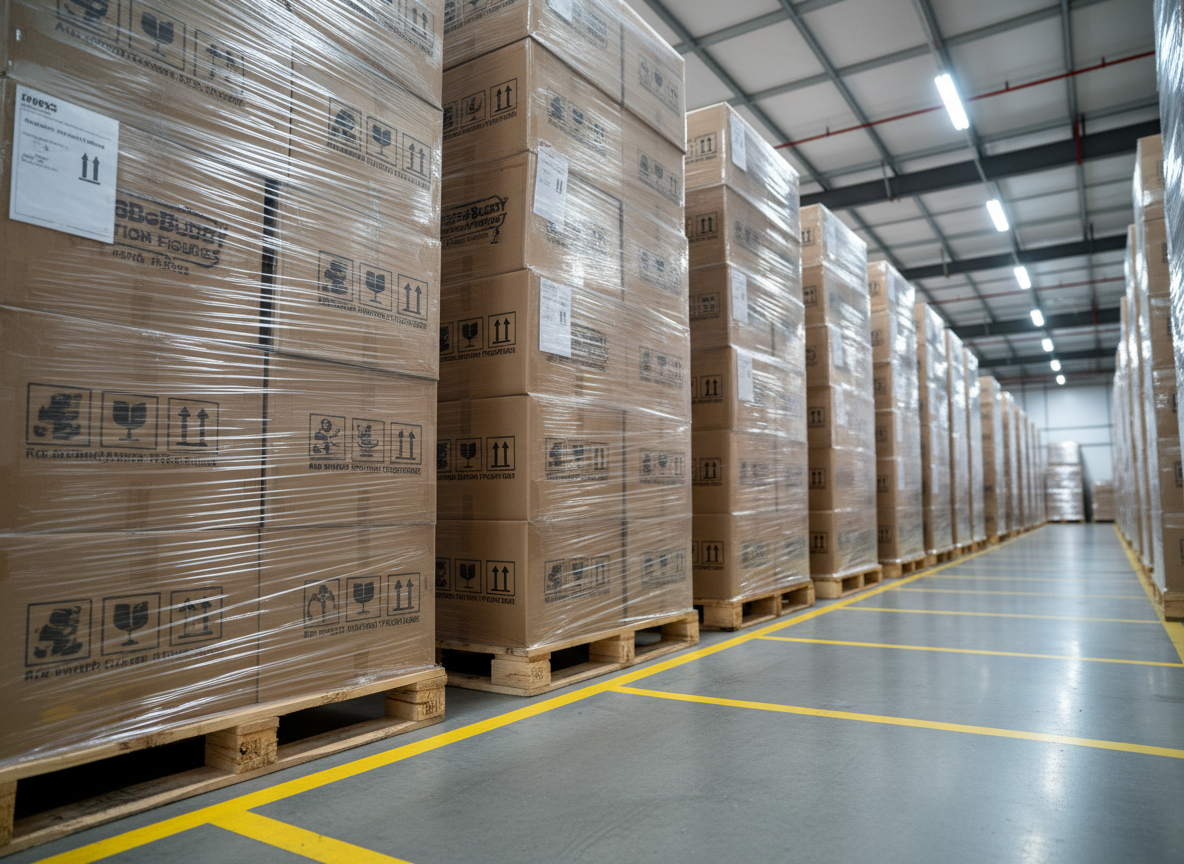 An orderly pallet staging area in a wholesale toy warehouse, with multiple wooden pallets stacked with uniform cartons, each carton printed with recognizable toy brand names and clear handling symbols. Pallets are wrapped tightly in transparent stretch film, reflecting the cool white glow of overhead warehouse lighting. Yellow safety lines on the smooth concrete floor define pathways and storage zones, adding structure. Captured from a low angle near the floor, the image emphasizes the stability and volume of prepared shipments, with rows of pallets receding into a softly out-of-focus background. The atmosphere is calm, controlled, and professional, with photographic realism underscoring the company’s capacity to manage large, secure orders for retailers.